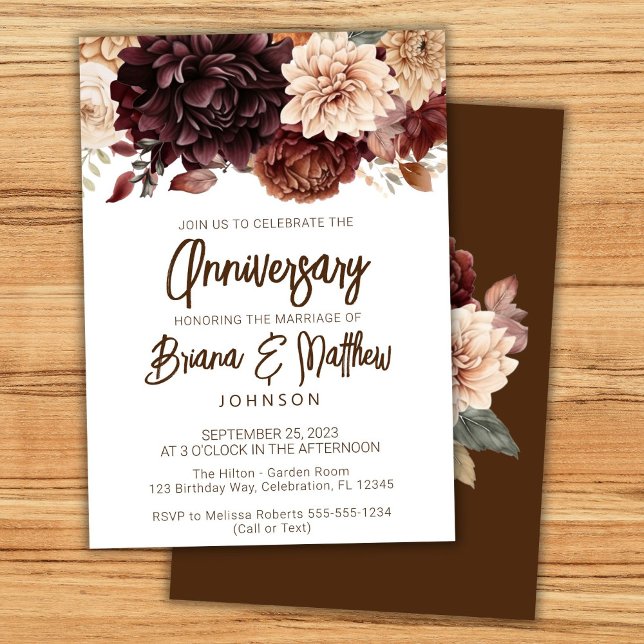 Invitation Fleurs beige marron Floral Mariage Anniversaire  (Créateur téléchargé)