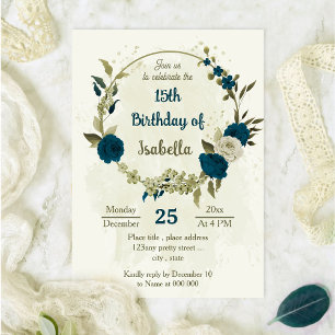 Invitation Fleurs beiges bleues turquoises anniversaire botan