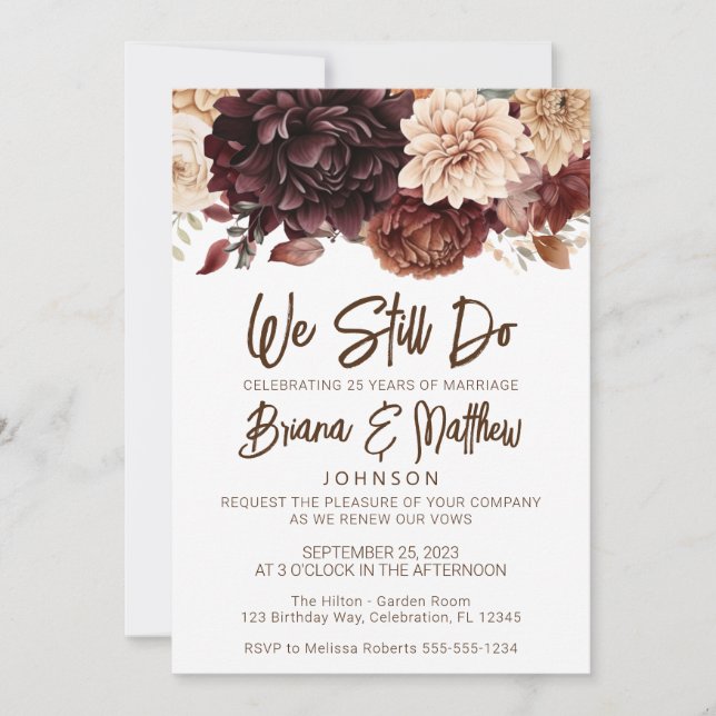 Invitation Fleurs beiges Brown Floral Mariage Vow Renouvellem (Devant)