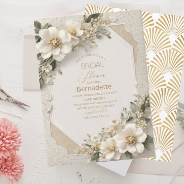 Invitation Fleurs blanches 3D aquarelle  doré  Baby Shower (Créateur téléchargé)