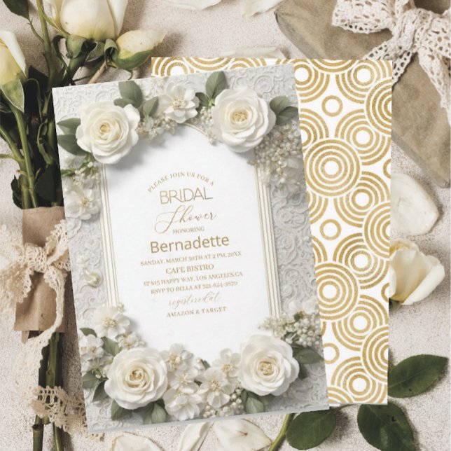 Invitation Fleurs blanches 3D aquarelle  doré  Baby Shower de (Créateur téléchargé)