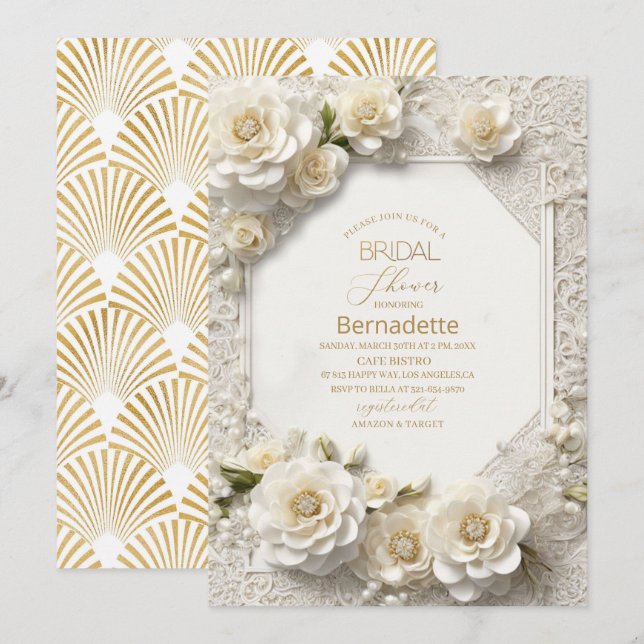Invitation Fleurs blanches 3D aquarelle dorées pour Baby Show (Devant / Derrière)