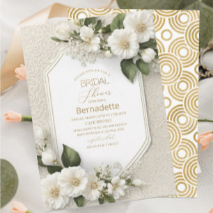 Invitation Fleurs blanches 3D aquarelle  or  Baby Shower