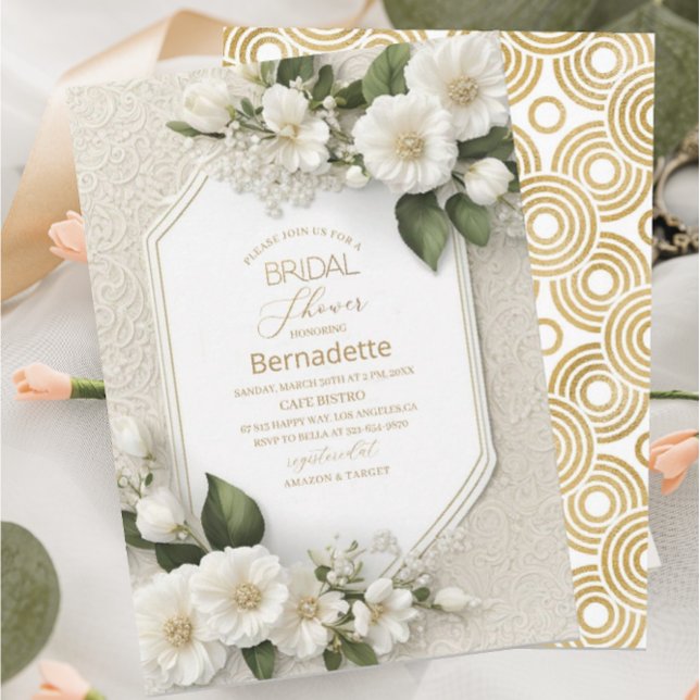 Invitation Fleurs blanches 3D aquarelle  or  Baby Shower (Créateur téléchargé)