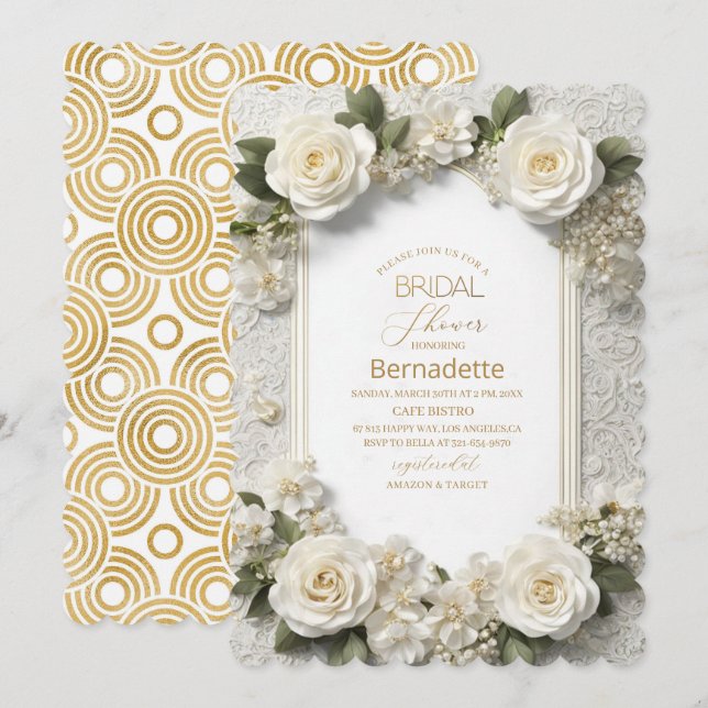 Invitation Fleurs blanches 3D aquarelle  or  Baby Shower de m (Devant / Derrière)