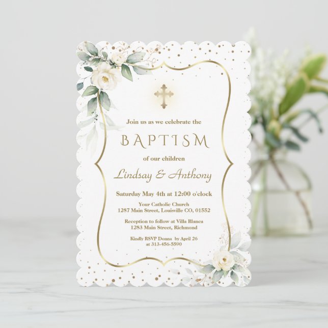 Invitation Fleurs blanches Airy Gold Cross Twins Baptême (Debout devant)