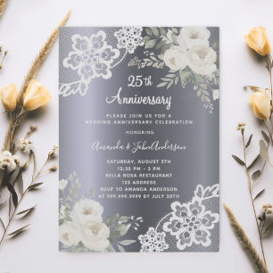 Invitation Fleurs blanches argentées 25e anniversaire mariage