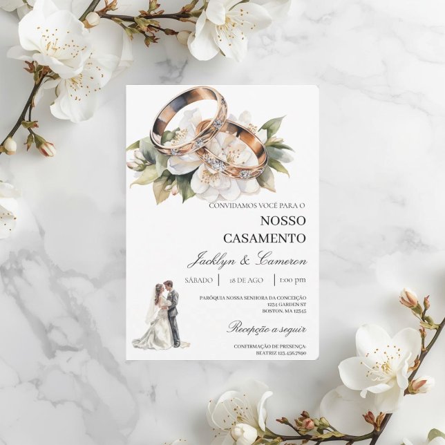 Invitation Fleurs blanches avec alliance Mariage portugais (Créateur téléchargé)