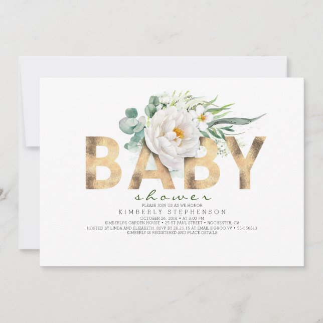 Invitation Fleurs blanches Baby shower de verdure et d'huile  (Devant)