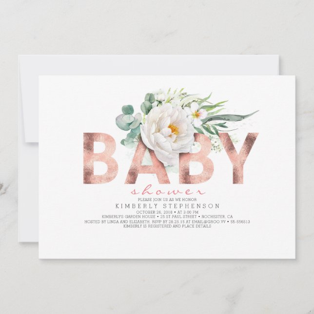Invitation Fleurs blanches Baby shower vert et or Rose (Devant)