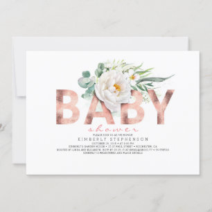 Invitation Fleurs blanches Baby shower vert et or Rose