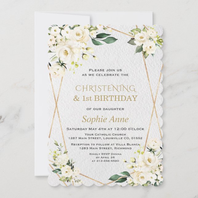 Invitation Fleurs blanches baptême 1er anniversaire (Devant)
