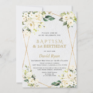 Invitation Fleurs blanches Baptême d'or 1er anniversaire