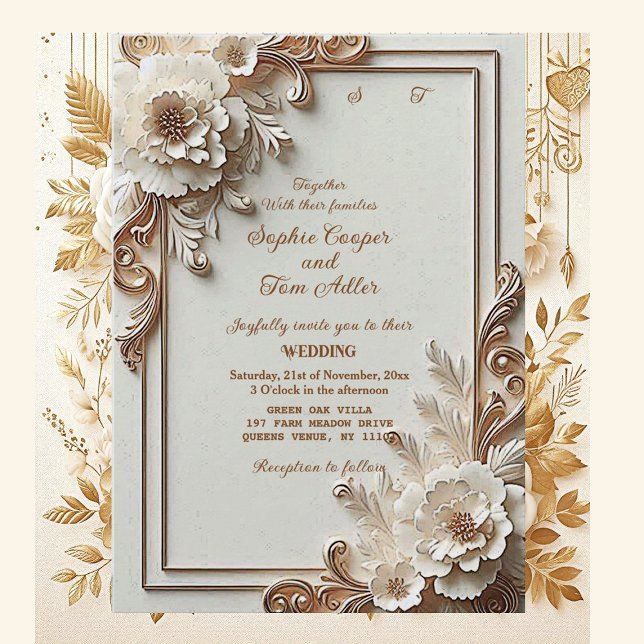 Invitation Fleurs Blanches Baroques Opulence Cadre Ivoire Or  (Baroque White Flowers Opulence Ivory Gold Frame Invitation)