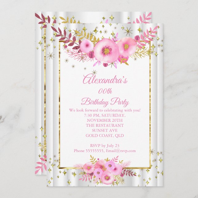 Invitation Fleurs blanches blanches pâles et blanches d'or fê (Devant / Derrière)