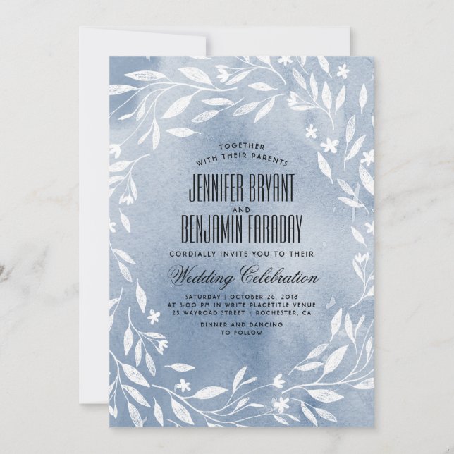 Invitation Fleurs blanches bleu foncé Jardin Mariage (Devant)