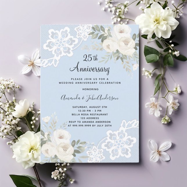 Invitation Fleurs blanches bleues 25e anniversaire de mariage (Créateur téléchargé)