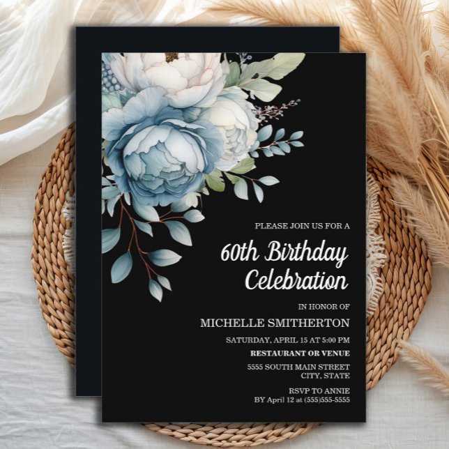 Invitation Fleurs Blanches Bleues Anniversaire 60 Ans Femme (Dusty blue floral on black 60th birthday party invitation)