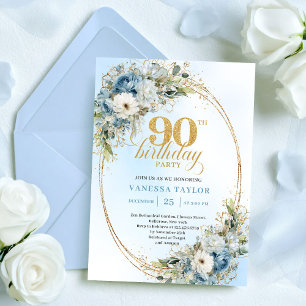 Invitation Fleurs blanches bleues bohèmes intemporelles 90e a