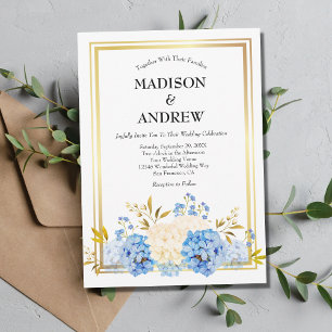 Invitation Fleurs Blanches Bleues Cadre Doré Élégant Mariage
