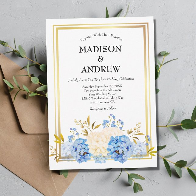 Invitation Fleurs Blanches Bleues Cadre Doré Élégant Mariage (Créateur téléchargé)