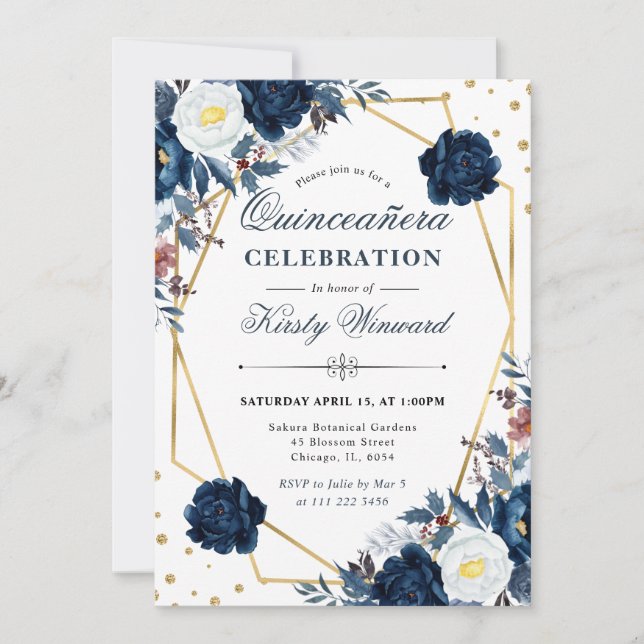 Invitation Fleurs Blanches Bleues d'Hiver et Cadre Quinceaner (Devant)