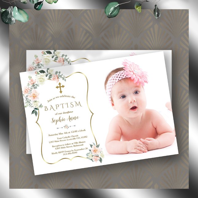 Invitation Fleurs blanches bleues Gold Frame Photo Baptême (white pink flowers baptism, trendy floral gold girl photo baptism, blush white floral photo baptism)