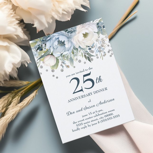 Invitation Fleurs Blanches Bleues Paillettes Argent 25e Anniv (Dusty blue and white watercolor floral 25th wedding anniversary invitation)