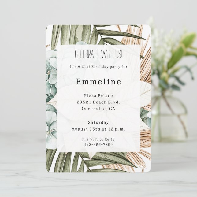 Invitation Fleurs blanches bleues tropicales Anniversaire   (Debout devant)
