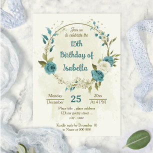 Invitation fleurs blanches bleues verdure anniversaire