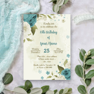 Invitation fleurs blanches bleues verdure anniversaire