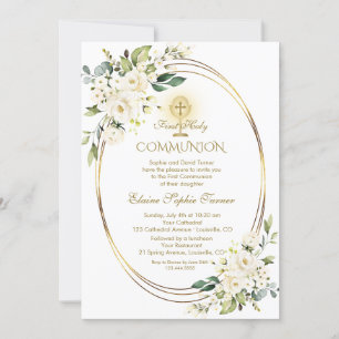 Invitation Fleurs blanches Chalice d'or Première communion sa