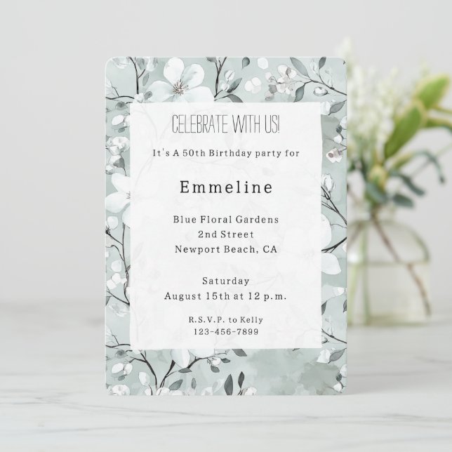 Invitation Fleurs blanches chic gris (Debout devant)