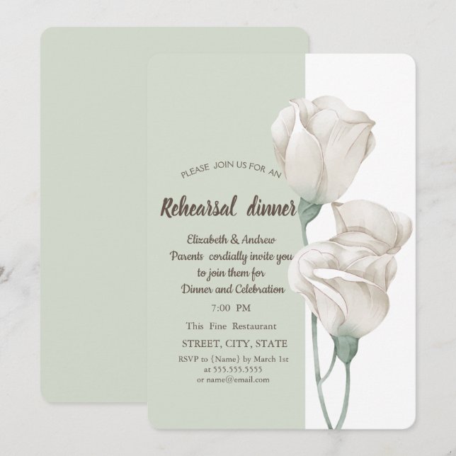 Invitation Fleurs blanches chic roses dîner de répétition (Devant / Derrière)