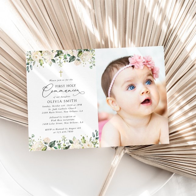Invitation Fleurs blanches crème, Boho, Première Sainte Commu (Créateur téléchargé)