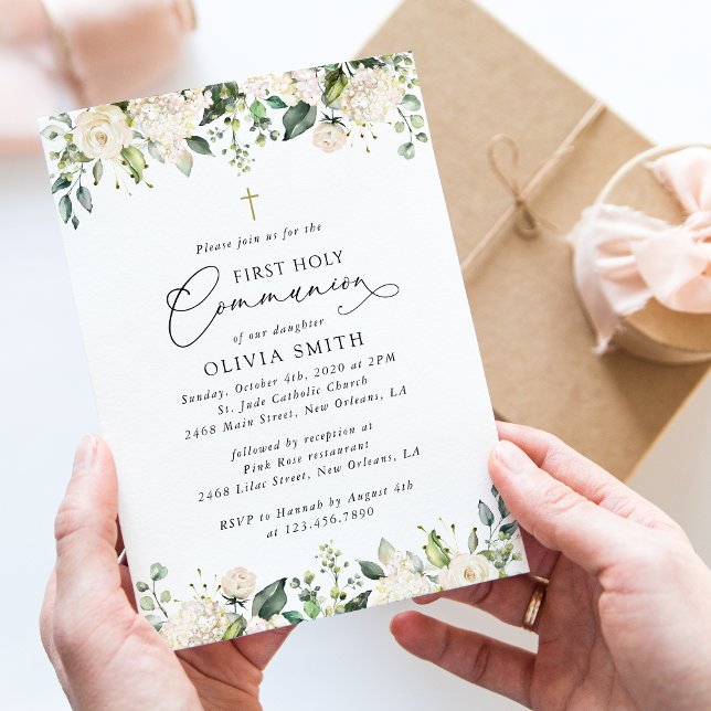 Invitation Fleurs blanches crème, Boho, Première Sainte Commu (Créateur téléchargé)