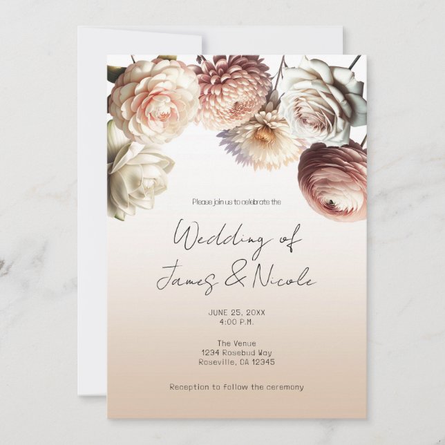 Invitation Fleurs Blanches Crème Rose Pêche Mariage Floral (Devant)
