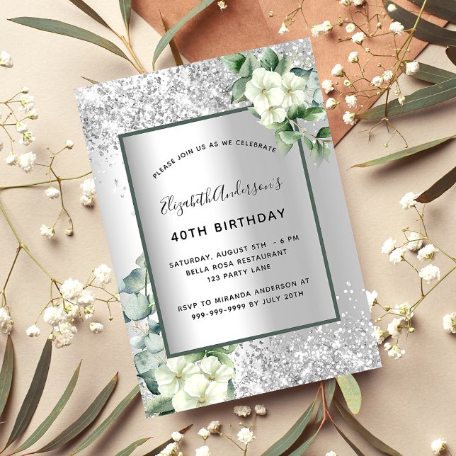 Invitation Fleurs blanches d'argent eucalyptus anniversaire d (Créateur téléchargé)