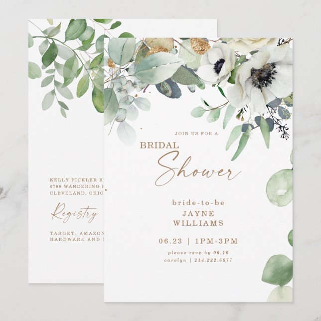 Invitation Fleurs Blanches de Feuillage Botanique pour Récept (Devant / Derrière)
