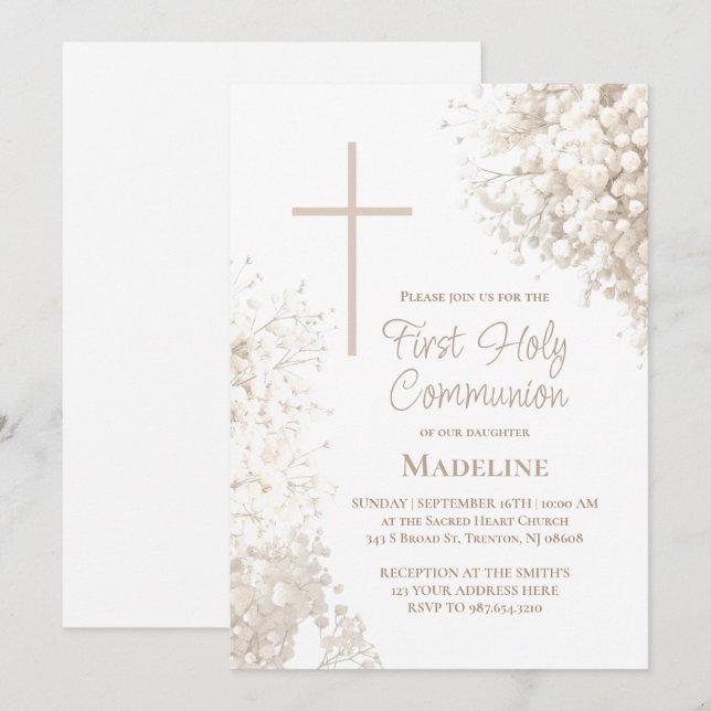 Invitation Fleurs blanches de Gypsophile première communion (Devant / Derrière)