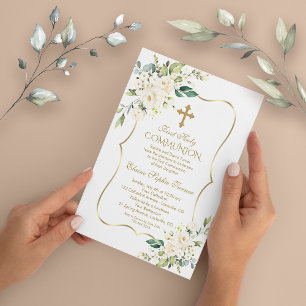 Invitation Fleurs blanches de luxe Première communion sainte