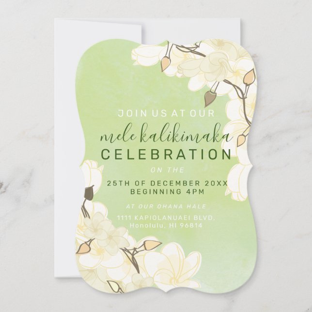 Invitation Fleurs blanches de soleil doux hawaïen Noël : Vert (Devant)