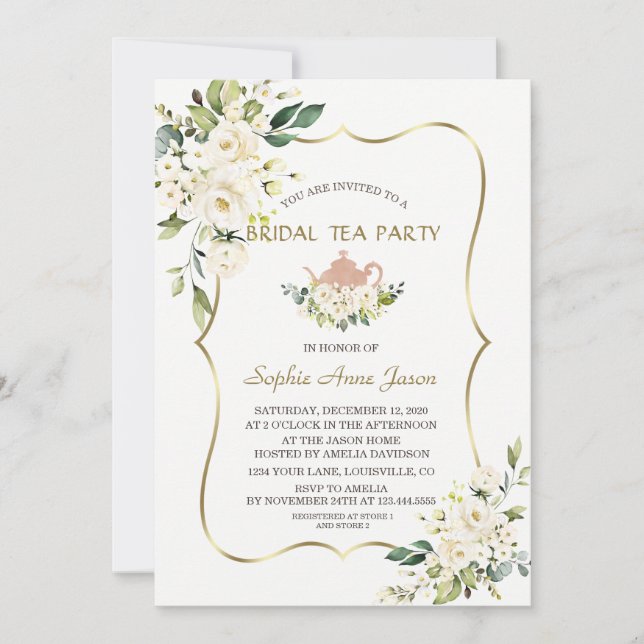 Invitation Fleurs blanches délicates Gold Bridal Tea Party (Devant)