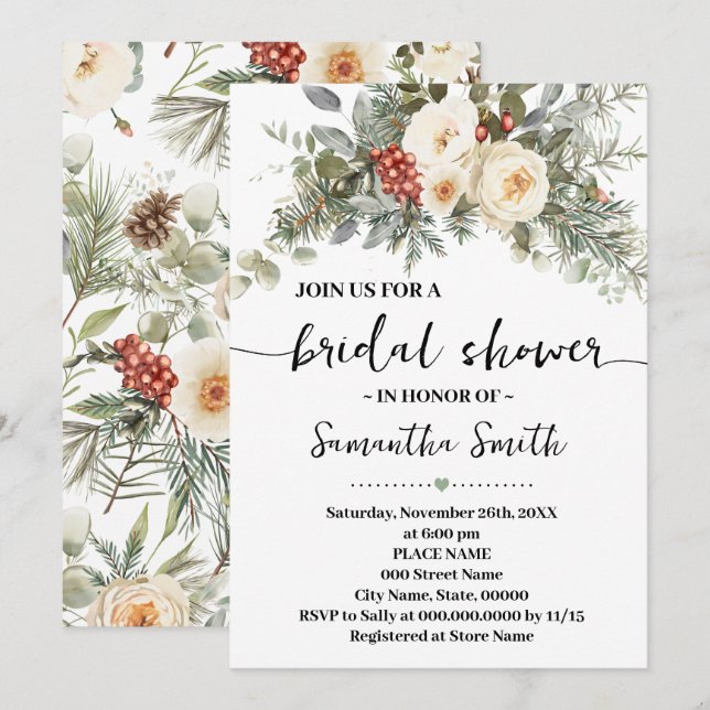 Invitation Fleurs Blanches d'Hiver Mariage Shower (Devant / Derrière)
