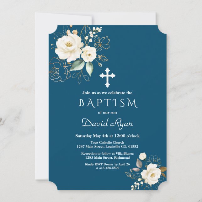 Invitation Fleurs blanches d'or de luxe Cross Boy Baptism (Devant)