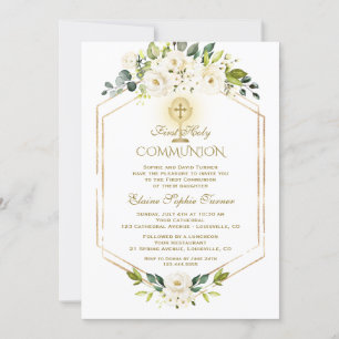 Invitation Fleurs blanches d'or uniques Première communion sa