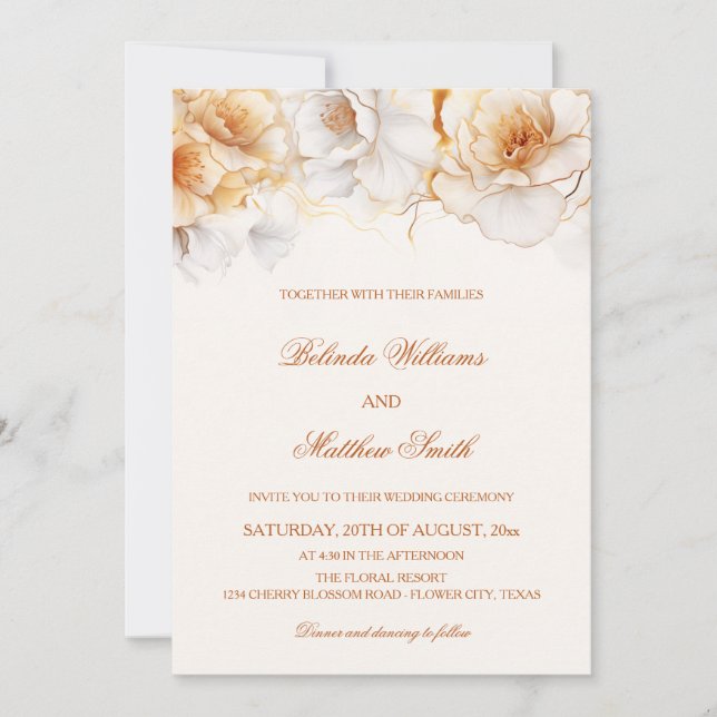 Invitation Fleurs Blanches Dorées Mariage (Devant)