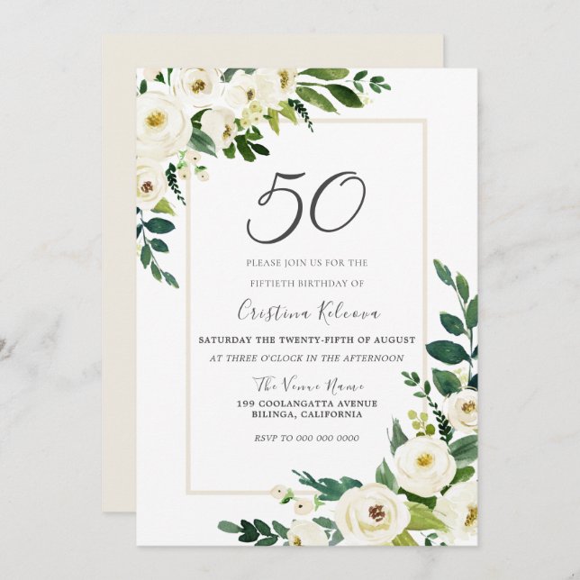 Invitation Fleurs blanches élégantes 50e fête d'anniversaire (Devant / Derrière)