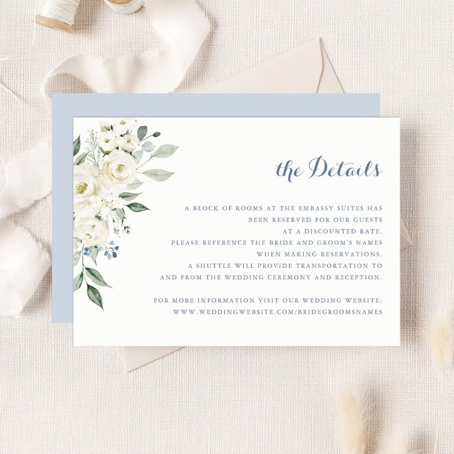 Invitation Fleurs Blanches Élégantes Détails de Mariage Bleu  (Créateur téléchargé)