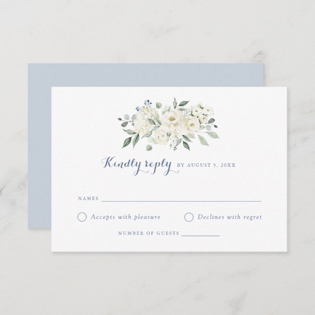 Invitation Fleurs blanches élégantes Mariage bleu foncé RSVP (Devant / Derrière)